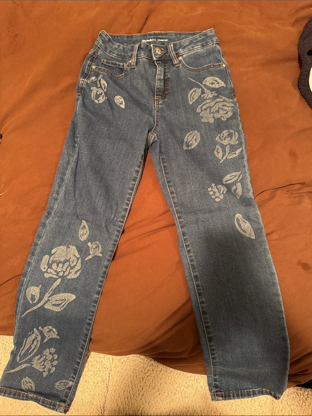 Style & Co. Blue Straight-Leg Jeans with White Floral Print